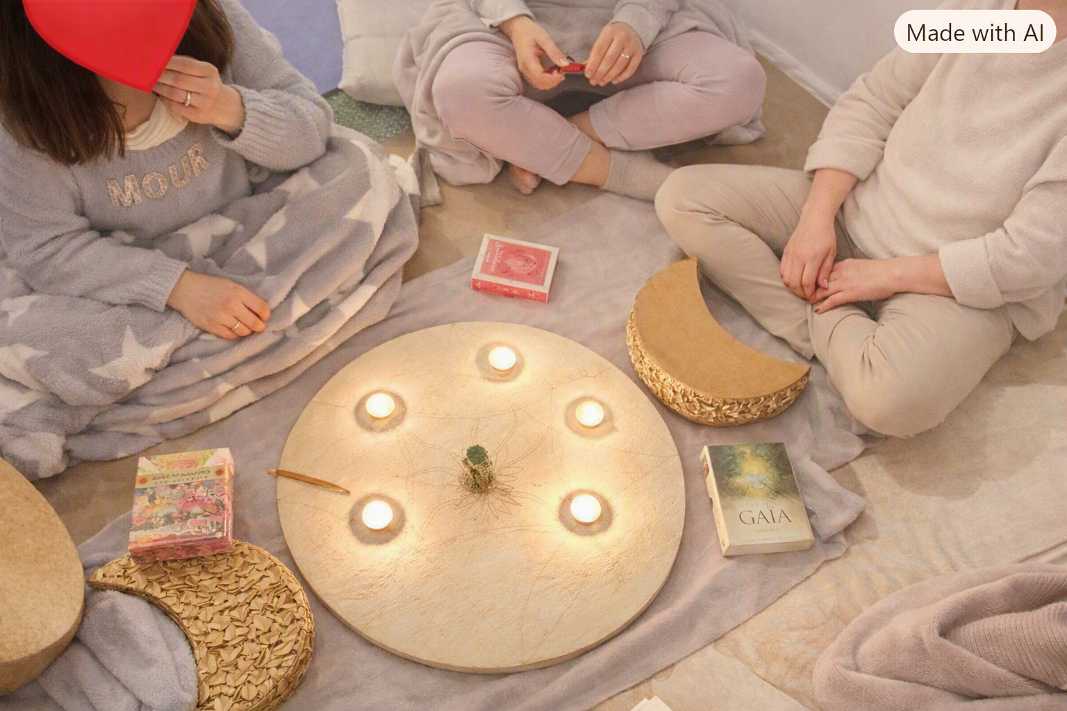 Cercle de papotages : participants assis autour de bougies et de cartes